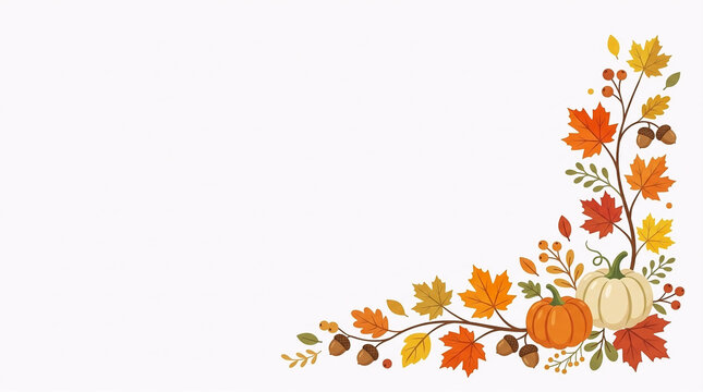 Elegant Autumn Corner Decoration with Maple Leaves and Pumpkins on White Background