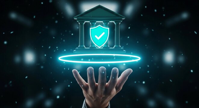 Digital bank building icon with a glowing shield and checkmark floating above a human hand in this modern conceptual 3d render on a dark background