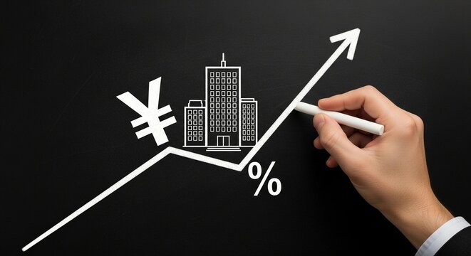 Hand drawing a white chalk rising market graph featuring a japanese yen currency symbol and a tall building icon on a smooth dark black chalkboard surface