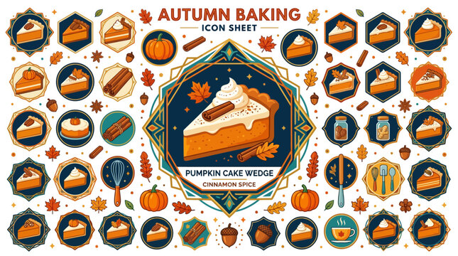 Autumn Baking Icon Sheet: Pumpkin Pie, Cinnamon, Fall Leaves and Treats