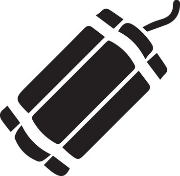 Dynamite stick with fuse, explosive device icon for danger or power, simple black and white graphic symbol, isolated on transparent background.