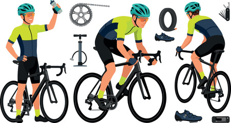 Fototapeta premium Road Bicycle Racing and Cycling Gear Icon Set with Professional Cyclist Characters, Road Bike, Helmet, Pump, and Maintenance Parts Vector Graphic Designs