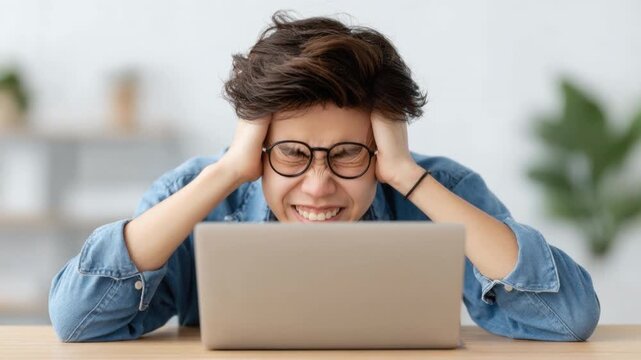 Young person with glasses expressing stress and frustration while working on laptop at home desk in casual clothing with blurred modern interior background