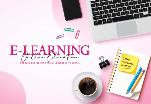 Modern e learning and online education workspace clipart design. Modern e learning concept clip art with laptop, smartphone, notebook and coffee office supplies in pink background for distance 