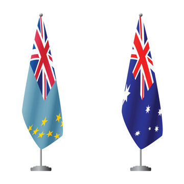 Tuvalu and Australia flags on flagpoles for official ceremonies and meetings, transparent background vector