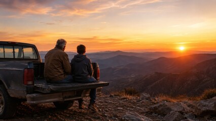 Fototapeta premium Two men sitting on pickup truck bed watching breathtaking sunset over mountain range landscape