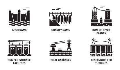 Hydropower plant vector icons for dam, energy, and water power station types. © MD.RAHIM