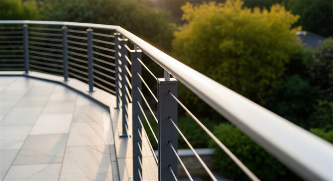 Modern stainless steel cable railing on luxury balcony, contemporary metal handrail for outdoor terrace, architectural deck design with garden view