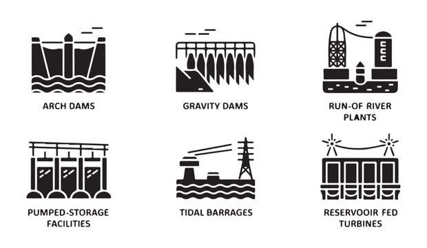 Hydropower plant vector icons for dam, energy, and water power station types.