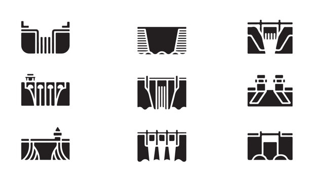 Collection of dam icons, solid style vector illustrations of hydroelectric power structures.