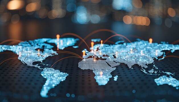 Digital 3D world map of glowing cyan pixels with orange connection nodes and arcs. Blurred night city bokeh. Global connectivity, fintech, international business networking.