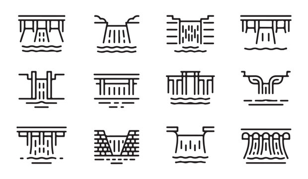 Outline set of hydro power dam icons for electrical energy generation and infrastructure.
