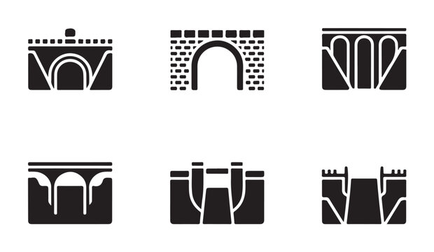 Detailed dam icons featuring arch and gravity structures for water energy management.