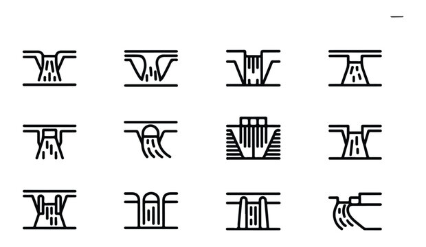 Black and white line icons featuring dam water flow and irrigation infrastructure types.