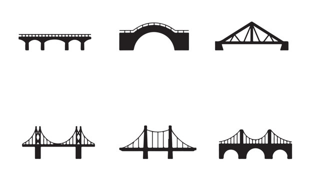 Set of six bridge icons showing diverse architectural designs and structural engineering.