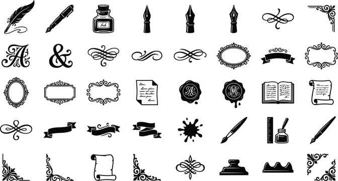 Vintage Calligraphy and Decorative Frame Elements Vector Icon Set Featuring Quills Ink Ornaments and Borders
