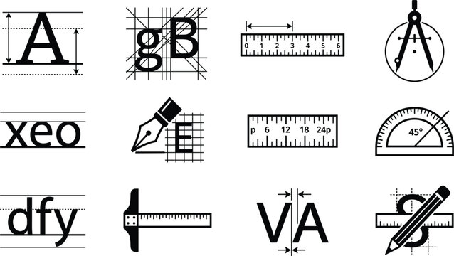 Typography and graphic design tool icon set with typography metrics rulers compass protractor flat vector icons