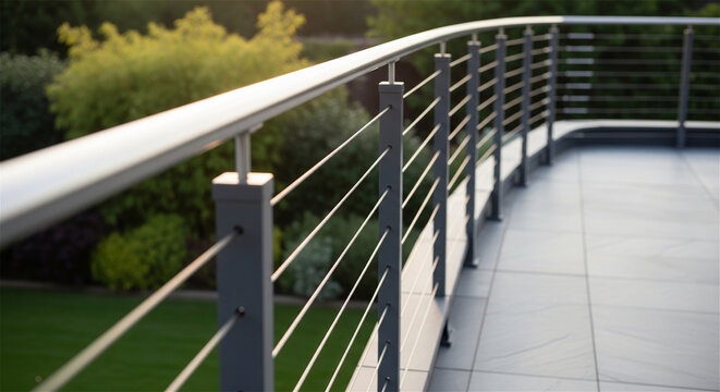 Modern stainless steel cable railing on luxury balcony, contemporary outdoor terrace with metal handrail, sleek architectural deck design