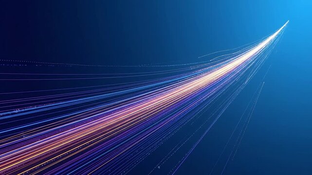 Abstract glowing light trails moving diagonally for high speed data transmission on blue background.