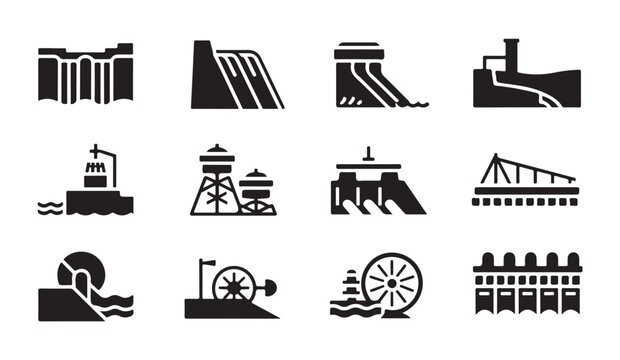 Set of vector icons for power plant, dam, and water-related infrastructure.