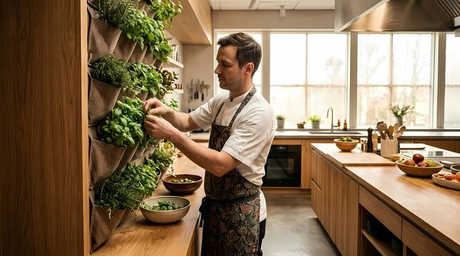 Chef harvesting fresh greens from vertical wall garden.