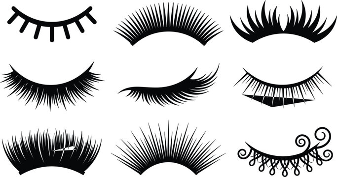 Eyelashes extension shapes and false lashes collection set black silhouette vector illustration beauty salon graphic design