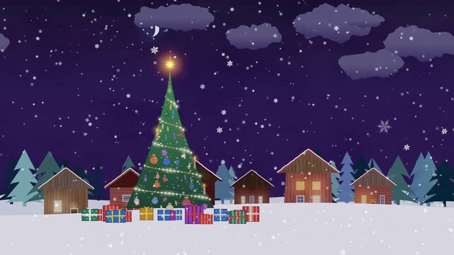 A delightful, loopable animation shows a festive Christmas tree and gifts in a charming, snowy winter village.