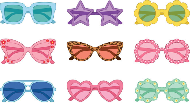 Cute funky colorful sunglasses set retro summer eyewear fashion icons flat cartoon vector illustration collection party design