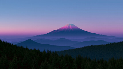 Fototapeta premium 朝焼けのパープルピンク空に染まる富士山と手前に広がる深い森の風景 生成AI
