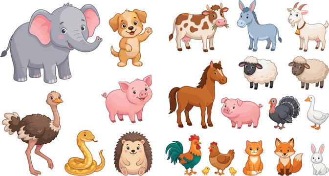 Cute cartoon farm and wild animals collection set flat vector illustration including horse elephant pig cow