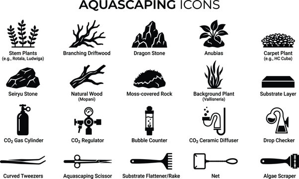 Aquascaping Plants and Aquarium Maintenance Tools Vector Icon Set for Freshwater Aquatic Landscape Design Projects
