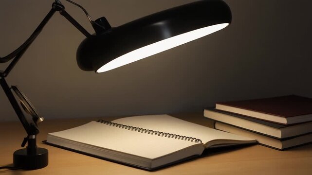 open notebook and stack of books under desk lamp on wooden table