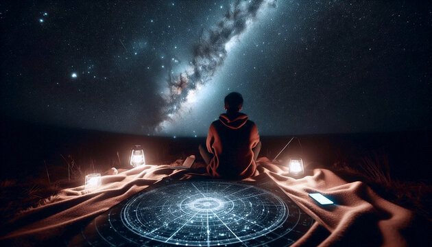 A person lies on a blanket in a field at night, holding an old paper star chart up to the sky,  Ai generated image