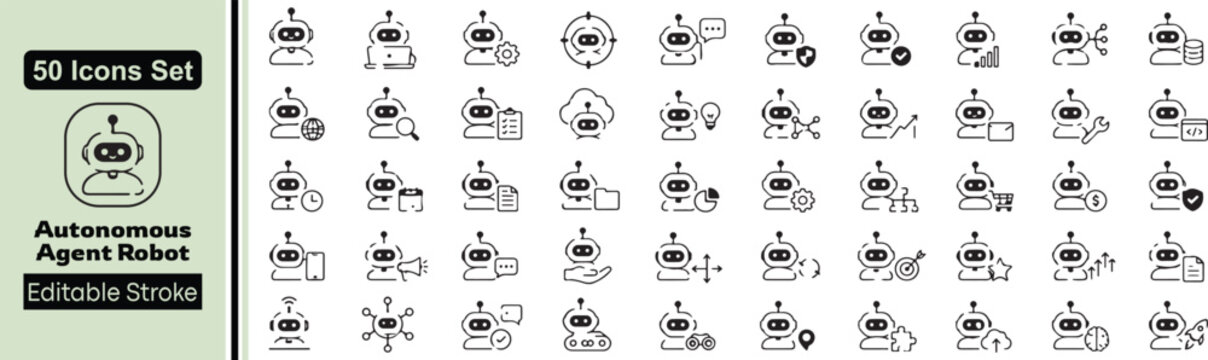 Set of 50 Autonomous Agent Robot Editable Line Icons