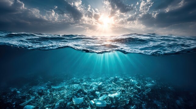 Underwater ocean pollution with plastic debris and sun rays shining through the water