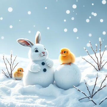 Snowy pals build a snowman on a cold winter's day! Rabbit and chick don't let the chill get them down as they have fun in the frost, cozy, ||winter