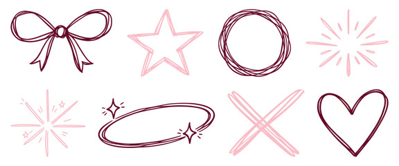 Fototapeta na wymiar Playful pink hand-drawn doodles, vector element set