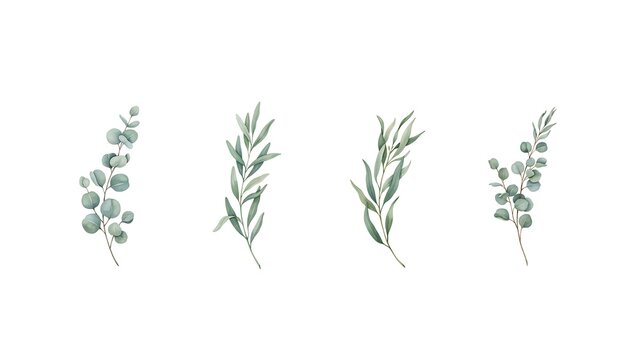 Set of four watercolor eucalyptus and olive branches with green leaves on a white background