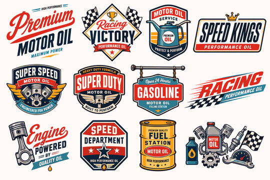 A collection of vintage automotive and racing emblems, badges, and logos featuring motor oil, gasoline, engine parts, and checkered flags, designed for performance and speed themes.