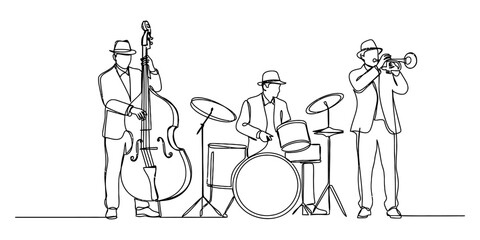 Continuous line drawing of a jazz band playing music with a double bass player a drummer and a trumpet player in suits and fedora hats performing on stage © Kanu Art_Gallery