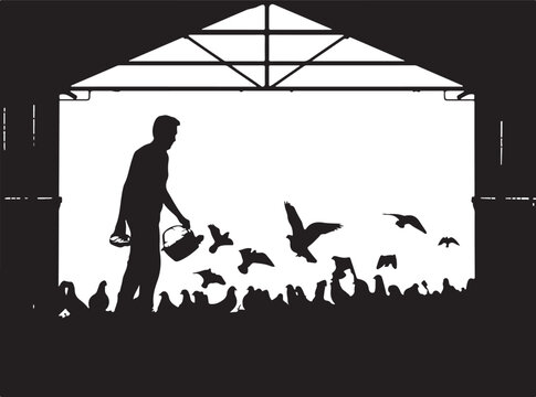 Silhouette of man feeding birds in a barn, pouring from