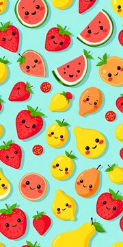 Seamless pattern of watermelon, strawberry, lemon, and pear fruit with kawaii faces, vector illustration, repeated background
