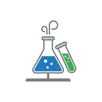 Chemical flask and test tube with bubbling liquid during a science experiment on a white background