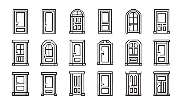 Pixel art door icons collection. digital game user interface design elements, isolated vector set.