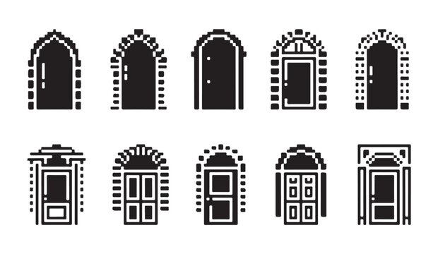 Selection of pixel art door and archway icons vector graphics on white.