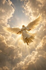 Fototapeta premium Heavenly angel amidst radiant clouds.