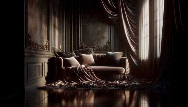 A still life composition in deep, rich tones of burgundy, emerald, and charcoal black, Ai generated image