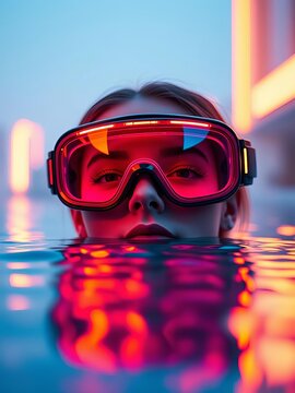 Neon-lit water laps against futuristic goggles, aquatic scene, watery reflection