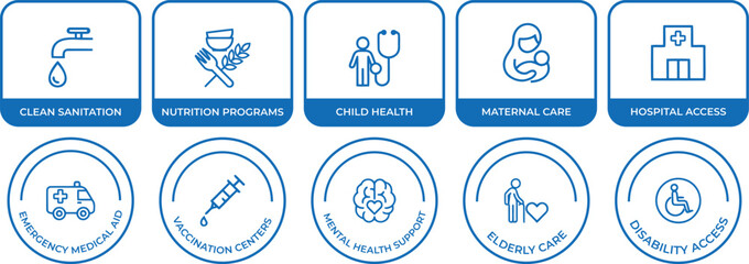 Fototapeta premium Public Health Icons – Sanitation, Nutrition, Child, Maternal, Hospital, Emergency, Vaccination, Care