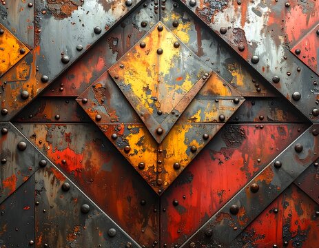 Close-up of aged, riveted metal panel. Geometric diamond pattern shows vibrant color variation, rust, and textural details